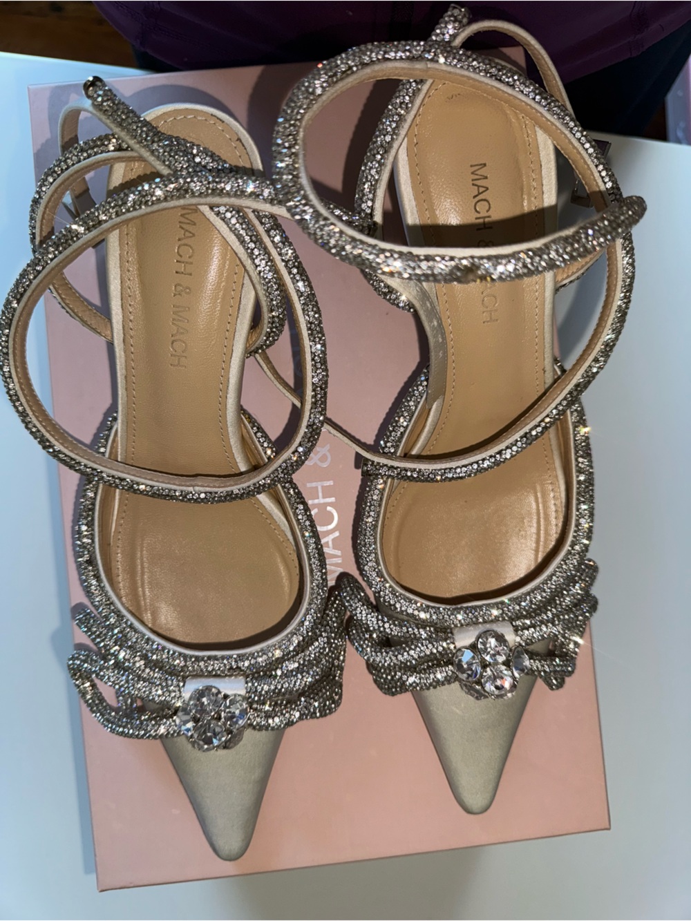 MACH & MACH Silver Crystal-Embellished Pointed Toe Strappy Heels